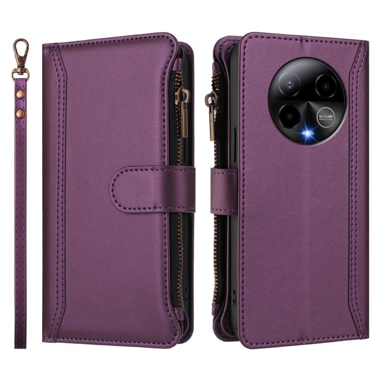 For BLU Bold K50 Magnetic Closure 9 Card Slots Zipper Leather Case with Hand Strap