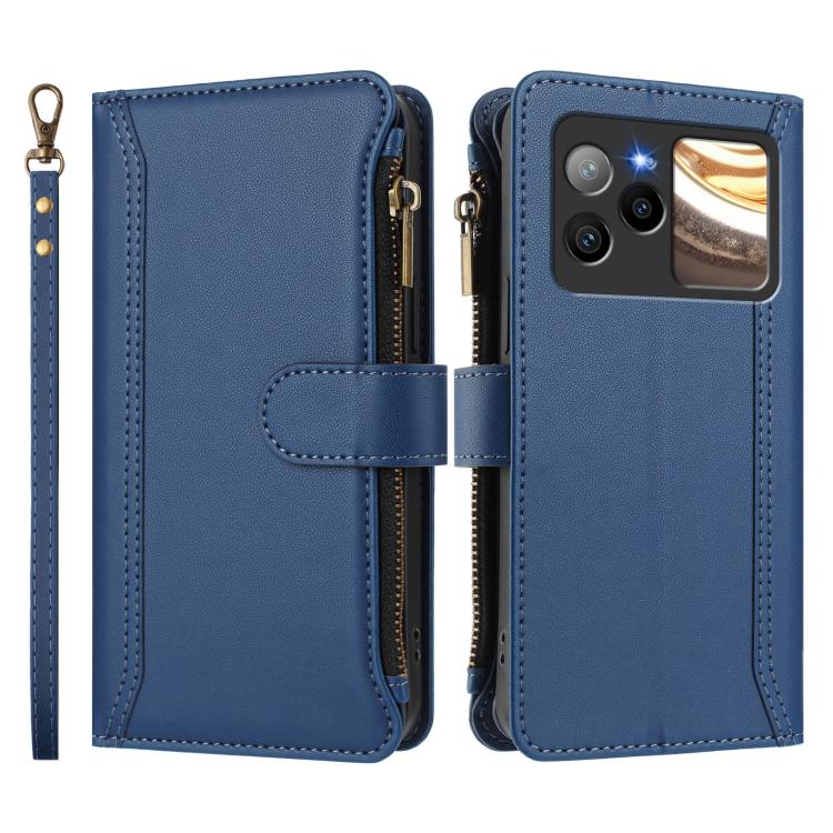 For BLU Bold N4 Magnetic Closure 9 Card Slots Zipper Leather Case with Hand Strap