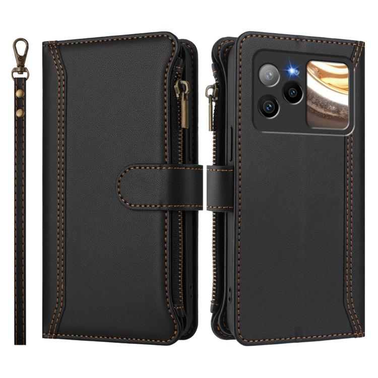 For BLU Bold N4 Magnetic Closure 9 Card Slots Zipper Leather Case with Hand Strap