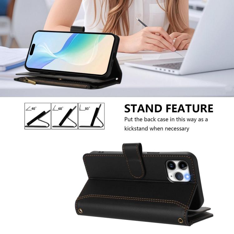For BLU Bold N4 Magnetic Closure 9 Card Slots Zipper Leather Case with Hand Strap