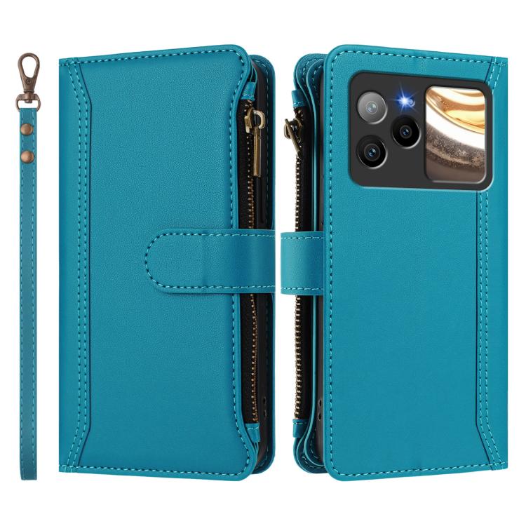 For BLU Bold N4 Magnetic Closure 9 Card Slots Zipper Leather Case with Hand Strap