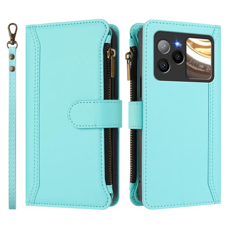 For BLU Bold N4 Magnetic Closure 9 Card Slots Zipper Leather Case with Hand Strap