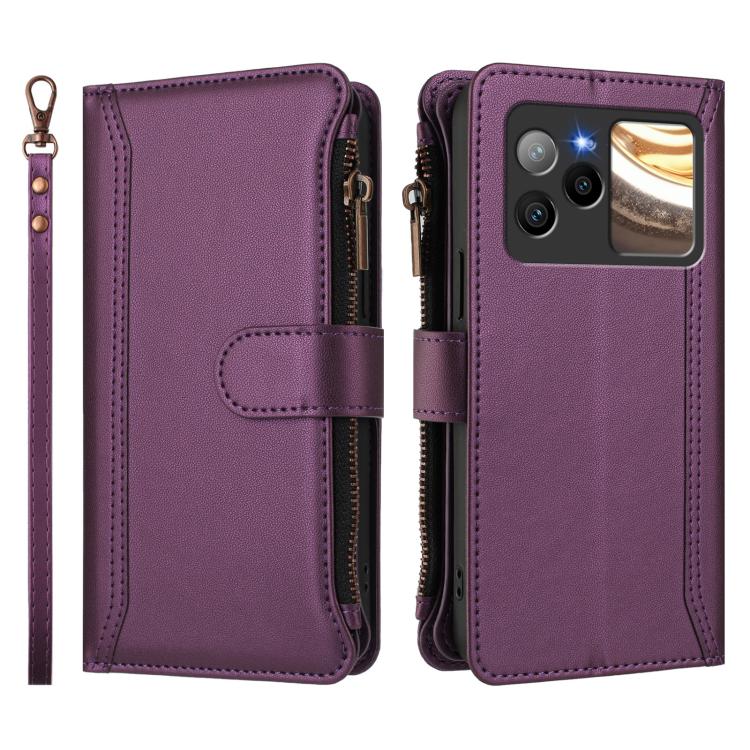 For BLU Bold N4 Magnetic Closure 9 Card Slots Zipper Leather Case with Hand Strap