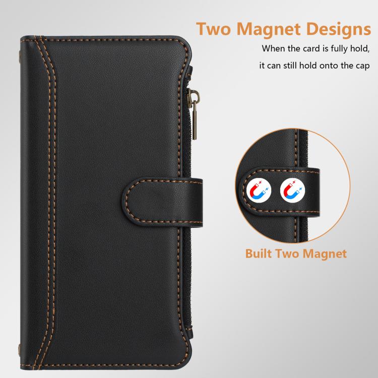 For BLU G95 Magnetic Closure 9 Card Slots Zipper Leather Case with Hand Strap