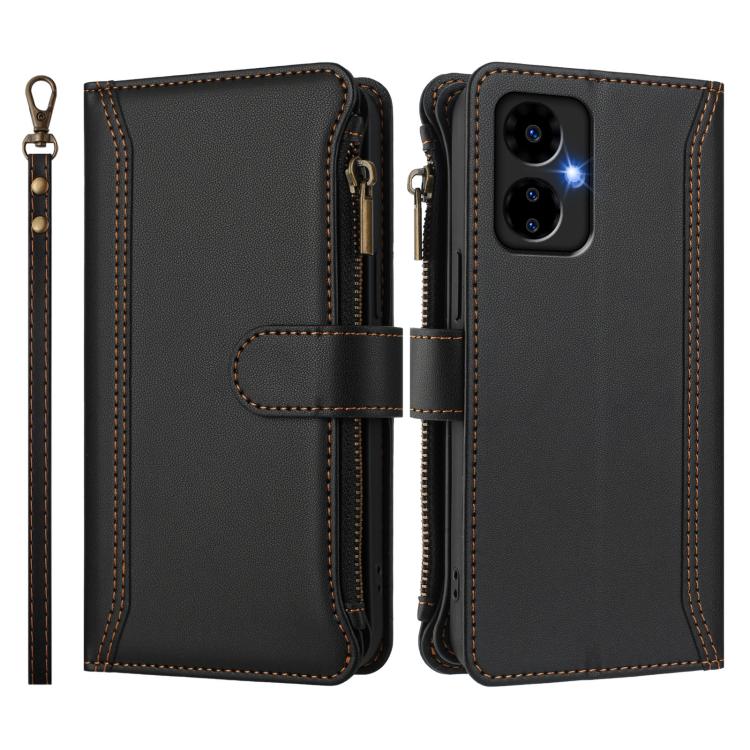 For Boost Mobile Celero 5G 2024 Magnetic Closure 9 Card Slots Zipper Leather Case with Hand Strap
