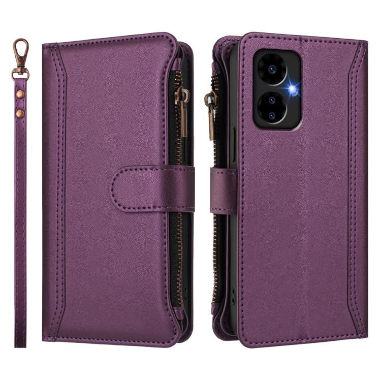 For Boost Mobile Celero 5G 2024 Magnetic Closure 9 Card Slots Zipper Leather Case with Hand Strap