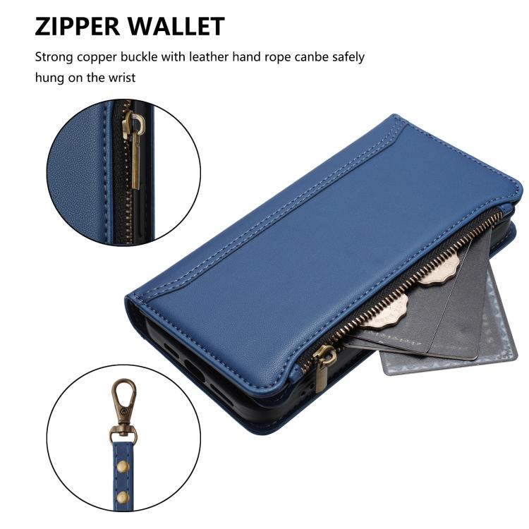 For Boost Mobile Celero 5G SC Magnetic Closure 9 Card Slots Zipper Leather Case with Hand Strap