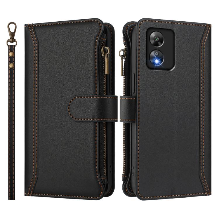 For Boost Mobile Celero 5G SC Magnetic Closure 9 Card Slots Zipper Leather Case with Hand Strap