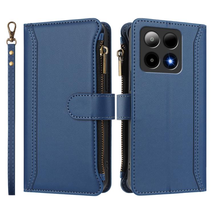 For Boost Mobile Summit 5G Magnetic Closure 9 Card Slots Zipper Leather Case with Hand Strap