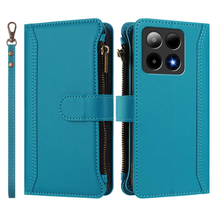 For Boost Mobile Summit 5G Magnetic Closure 9 Card Slots Zipper Leather Case with Hand Strap