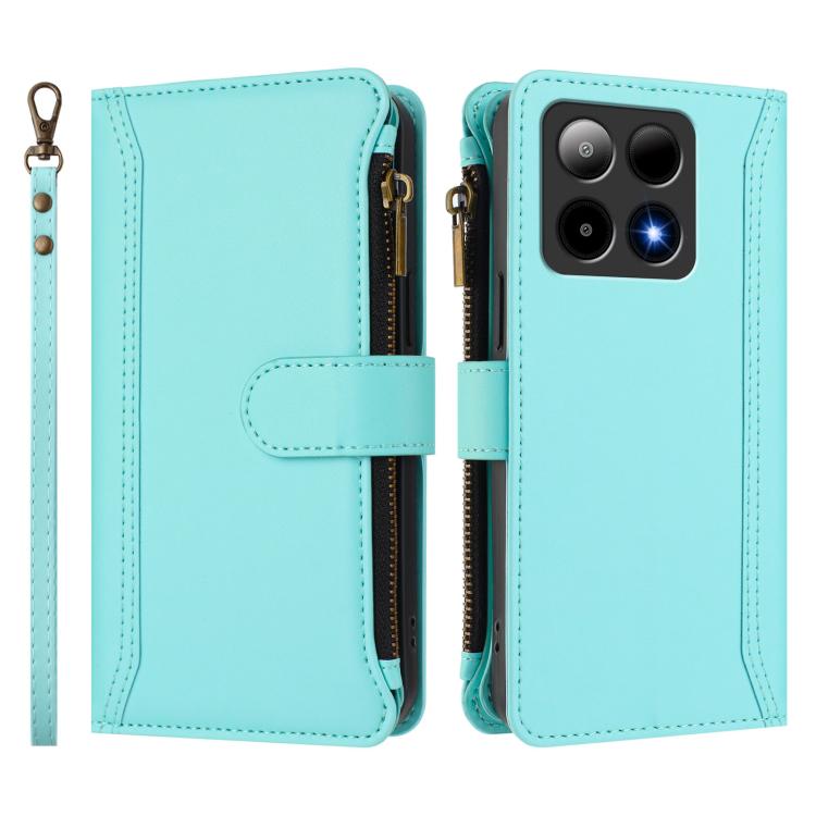 For Boost Mobile Summit 5G Magnetic Closure 9 Card Slots Zipper Leather Case with Hand Strap