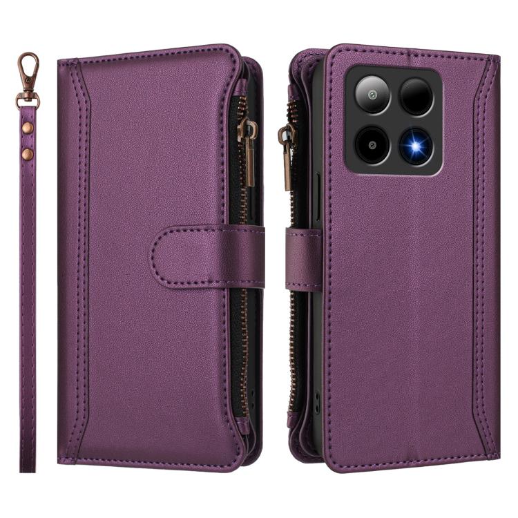 For Boost Mobile Summit 5G Magnetic Closure 9 Card Slots Zipper Leather Case with Hand Strap