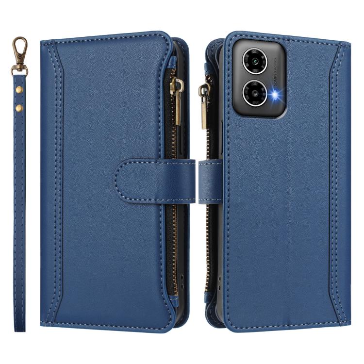 For Motorola Moto G34 5G / G45 5G Magnetic Closure 9 Card Slots Zipper Leather Case with Hand Strap