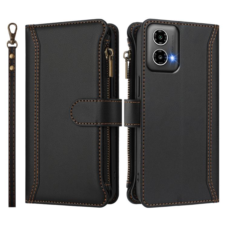 For Motorola Moto G34 5G / G45 5G Magnetic Closure 9 Card Slots Zipper Leather Case with Hand Strap