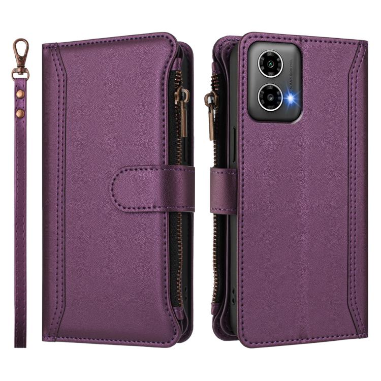 For Motorola Moto G34 5G / G45 5G Magnetic Closure 9 Card Slots Zipper Leather Case with Hand Strap