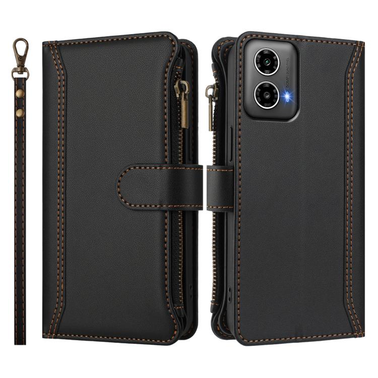 For Motorola Moto G34 Global Magnetic Closure 9 Card Slots Zipper Leather Case with Hand Strap