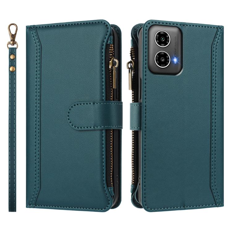 For Motorola Moto G34 Global Magnetic Closure 9 Card Slots Zipper Leather Case with Hand Strap