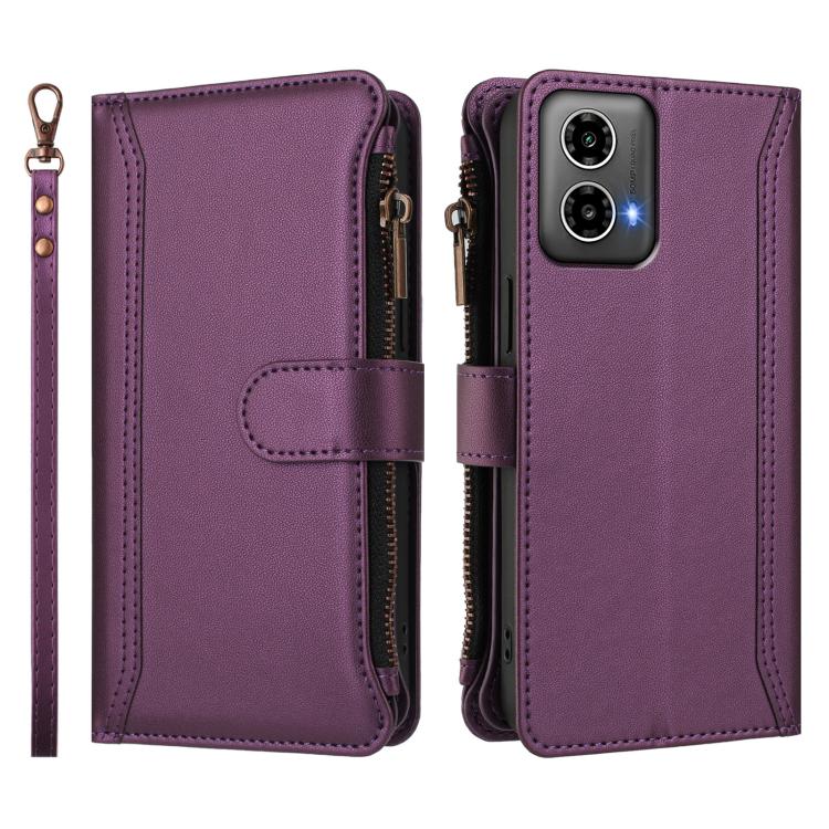 For Motorola Moto G34 Global Magnetic Closure 9 Card Slots Zipper Leather Case with Hand Strap
