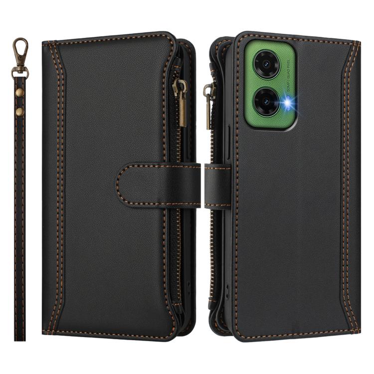 For Motorola Moto G35 5G Magnetic Closure 9 Card Slots Zipper Leather Case with Hand Strap