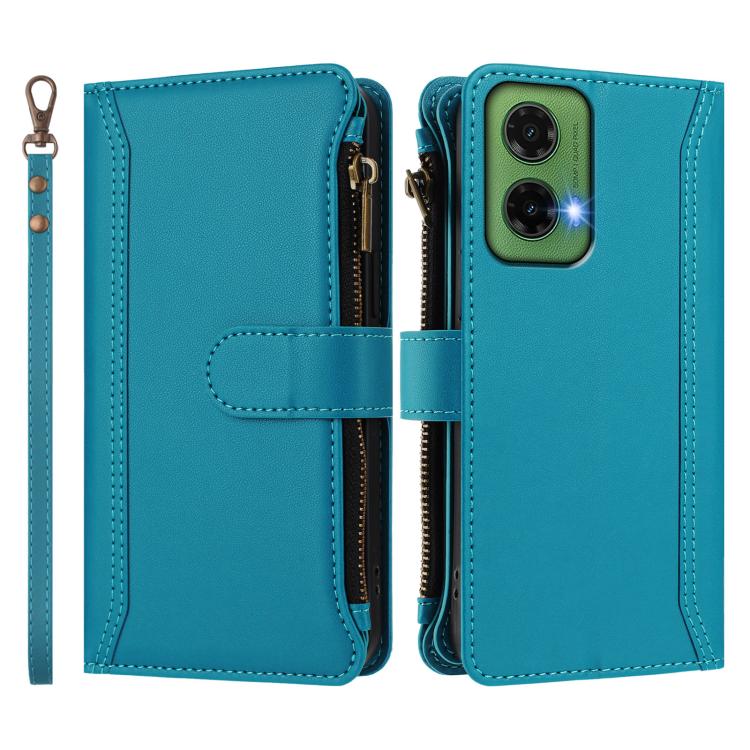 For Motorola Moto G35 5G Magnetic Closure 9 Card Slots Zipper Leather Case with Hand Strap