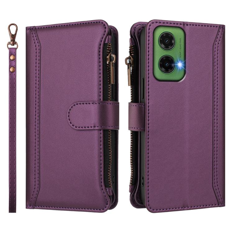 For Motorola Moto G35 5G Magnetic Closure 9 Card Slots Zipper Leather Case with Hand Strap
