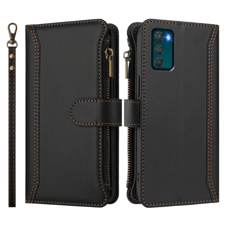 For Motorola Moto G42 4G Magnetic Closure 9 Card Slots Zipper Leather Case with Hand Strap