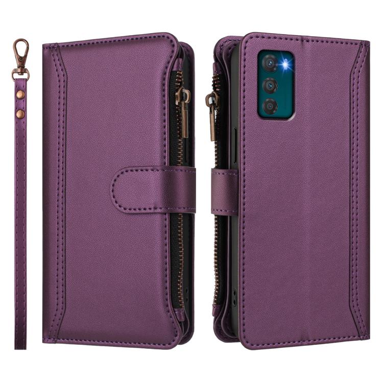 For Motorola Moto G42 4G Magnetic Closure 9 Card Slots Zipper Leather Case with Hand Strap
