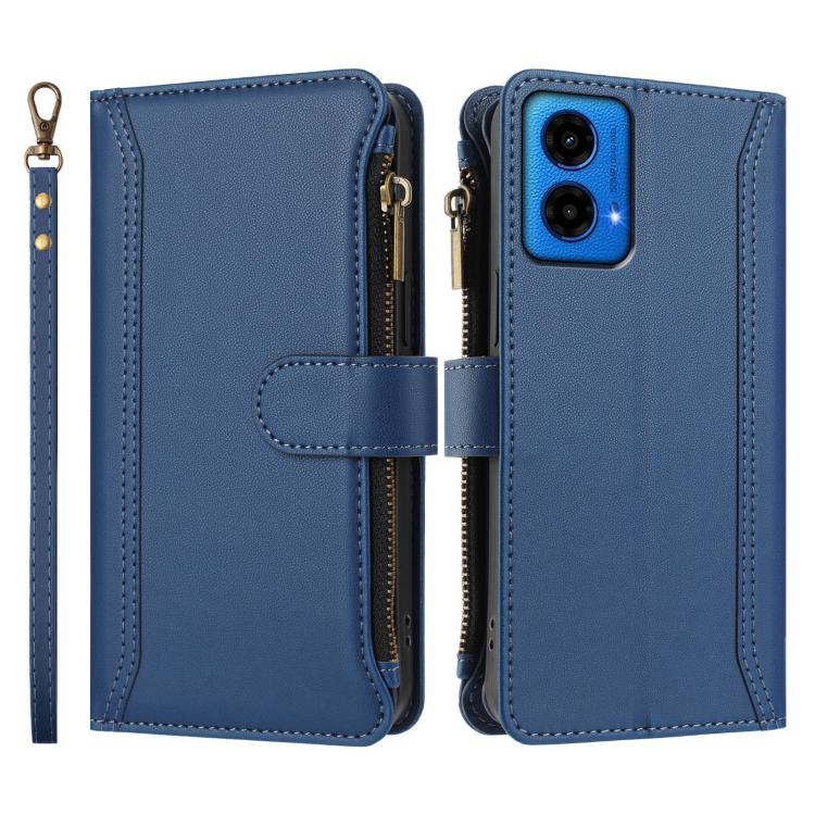 For Motorola Moto G45 5G / G34 5G Magnetic Closure 9 Card Slots Zipper Leather Case with Hand Strap