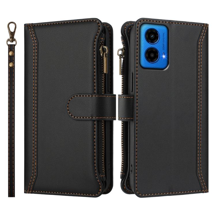 For Motorola Moto G45 5G / G34 5G Magnetic Closure 9 Card Slots Zipper Leather Case with Hand Strap