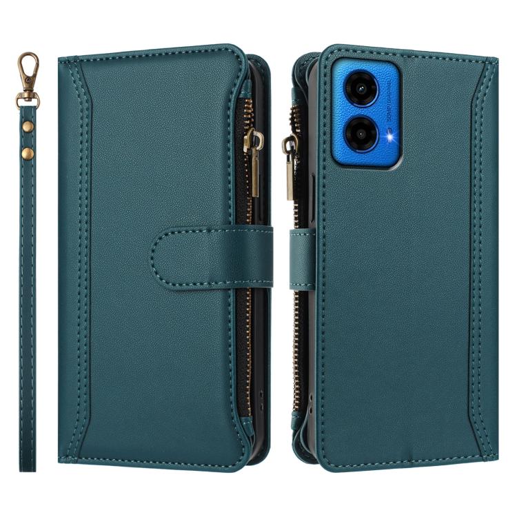 For Motorola Moto G45 5G / G34 5G Magnetic Closure 9 Card Slots Zipper Leather Case with Hand Strap