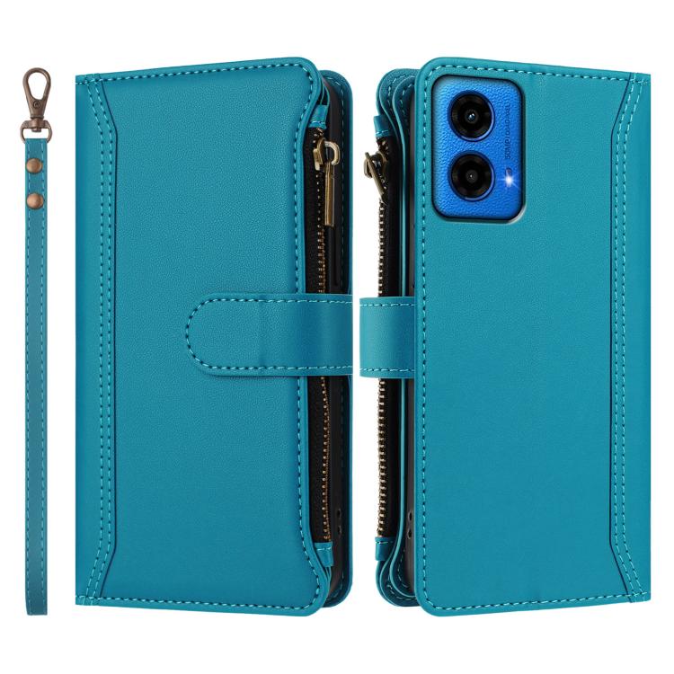 For Motorola Moto G45 5G / G34 5G Magnetic Closure 9 Card Slots Zipper Leather Case with Hand Strap