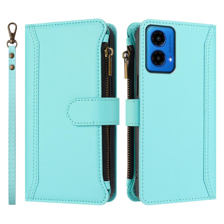 For Motorola Moto G45 5G / G34 5G Magnetic Closure 9 Card Slots Zipper Leather Case with Hand Strap