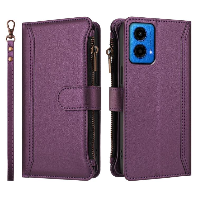 For Motorola Moto G45 5G / G34 5G Magnetic Closure 9 Card Slots Zipper Leather Case with Hand Strap
