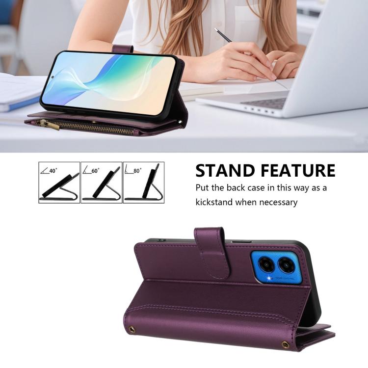 For Motorola Moto G45 5G / G34 5G Magnetic Closure 9 Card Slots Zipper Leather Case with Hand Strap