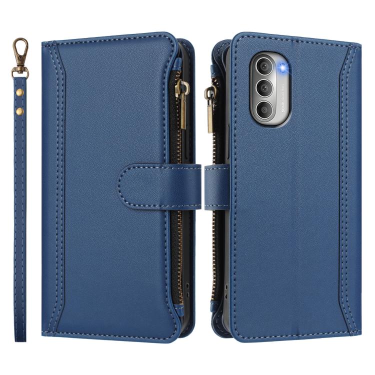 For Motorola Moto G51 5G Magnetic Closure 9 Card Slots Zipper Leather Case with Hand Strap