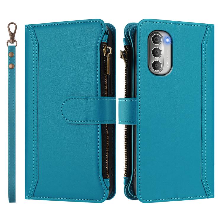 For Motorola Moto G51 5G Magnetic Closure 9 Card Slots Zipper Leather Case with Hand Strap