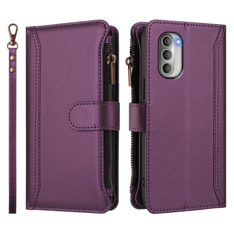 For Motorola Moto G51 5G Magnetic Closure 9 Card Slots Zipper Leather Case with Hand Strap