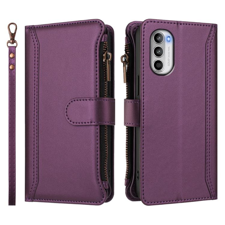 For Motorola Moto G52 4G / G82 5G / G71S 5G Magnetic Closure 9 Card Slots Zipper Leather Case with Hand Strap