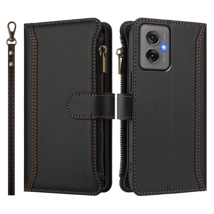 For Motorola Moto G55 5G Magnetic Closure 9 Card Slots Zipper Leather Case with Hand Strap