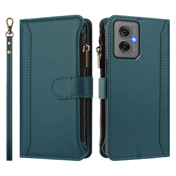 For Motorola Moto G55 5G Magnetic Closure 9 Card Slots Zipper Leather Case with Hand Strap