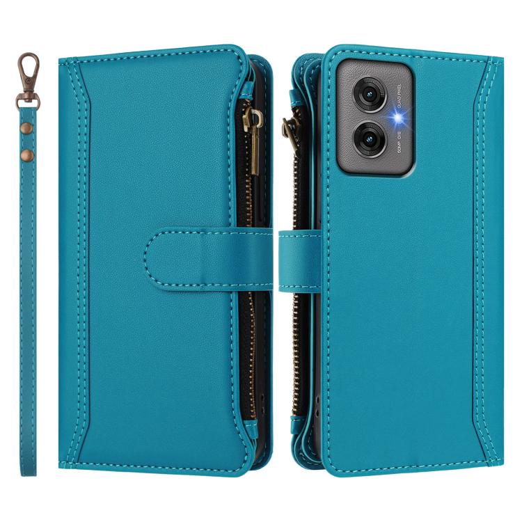 For Motorola Moto G55 5G Magnetic Closure 9 Card Slots Zipper Leather Case with Hand Strap