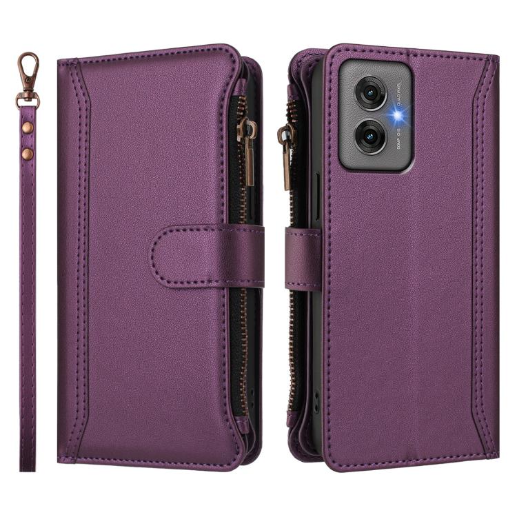 For Motorola Moto G55 5G Magnetic Closure 9 Card Slots Zipper Leather Case with Hand Strap