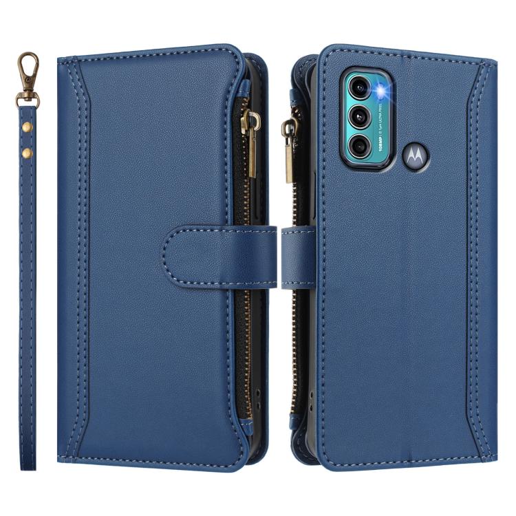 For Motorola Moto G60 / G40 Fusion Magnetic Closure 9 Card Slots Zipper Leather Case with Hand Strap