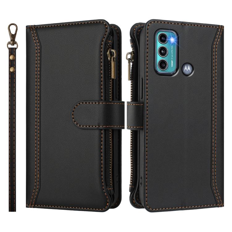 For Motorola Moto G60 / G40 Fusion Magnetic Closure 9 Card Slots Zipper Leather Case with Hand Strap