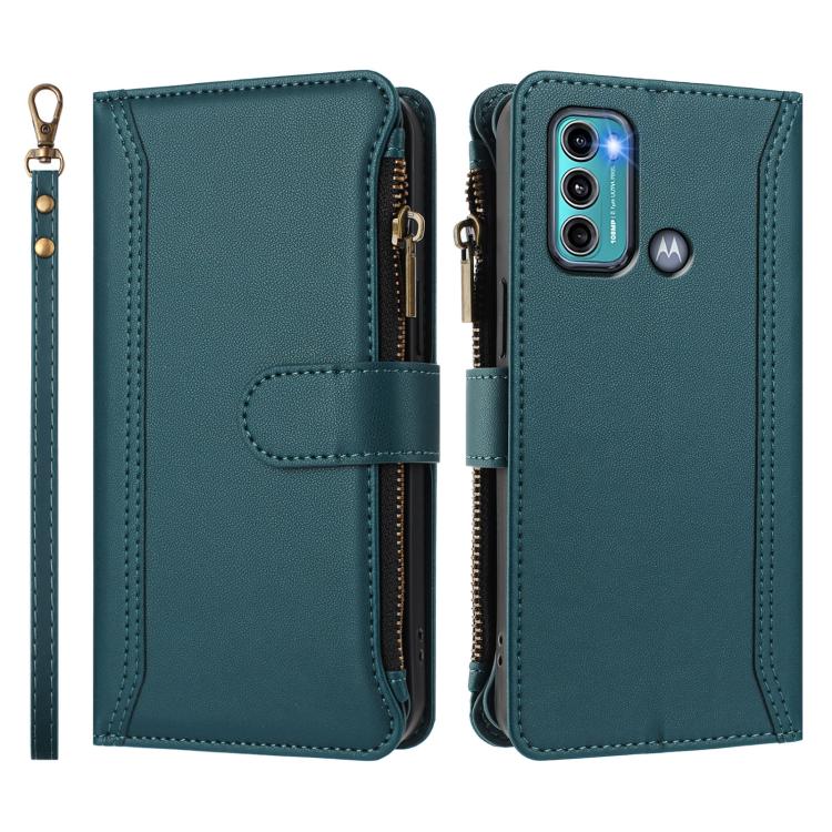 For Motorola Moto G60 / G40 Fusion Magnetic Closure 9 Card Slots Zipper Leather Case with Hand Strap