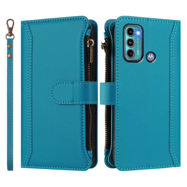 For Motorola Moto G60 / G40 Fusion Magnetic Closure 9 Card Slots Zipper Leather Case with Hand Strap