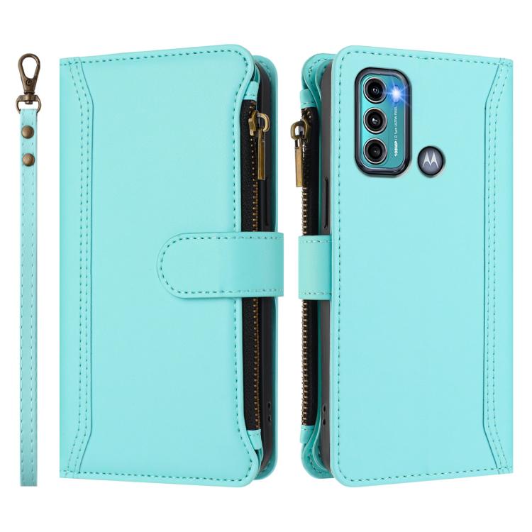 For Motorola Moto G60 / G40 Fusion Magnetic Closure 9 Card Slots Zipper Leather Case with Hand Strap