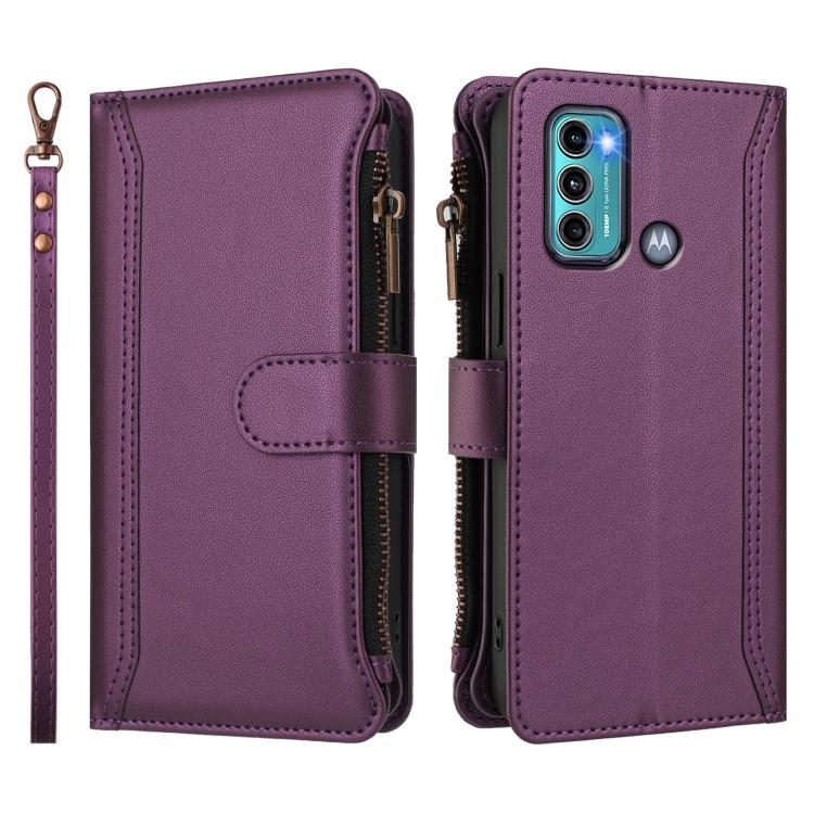 For Motorola Moto G60 / G40 Fusion Magnetic Closure 9 Card Slots Zipper Leather Case with Hand Strap
