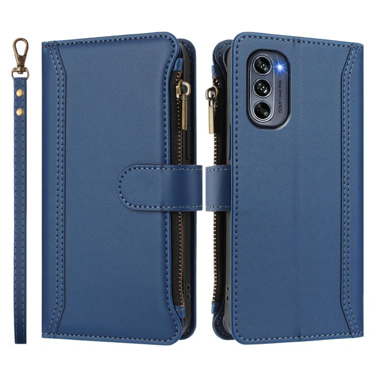 For Motorola Moto G62 5G Global Magnetic Closure 9 Card Slots Zipper Leather Case with Hand Strap