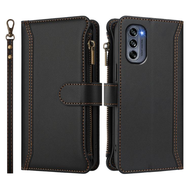 For Motorola Moto G62 5G Global Magnetic Closure 9 Card Slots Zipper Leather Case with Hand Strap